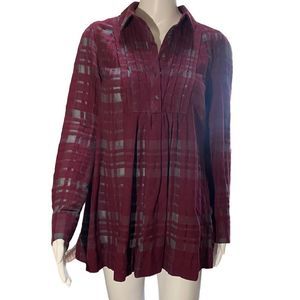 Free People Plaid Burgundy Button Up Above Knee Mini Dress/Top XS